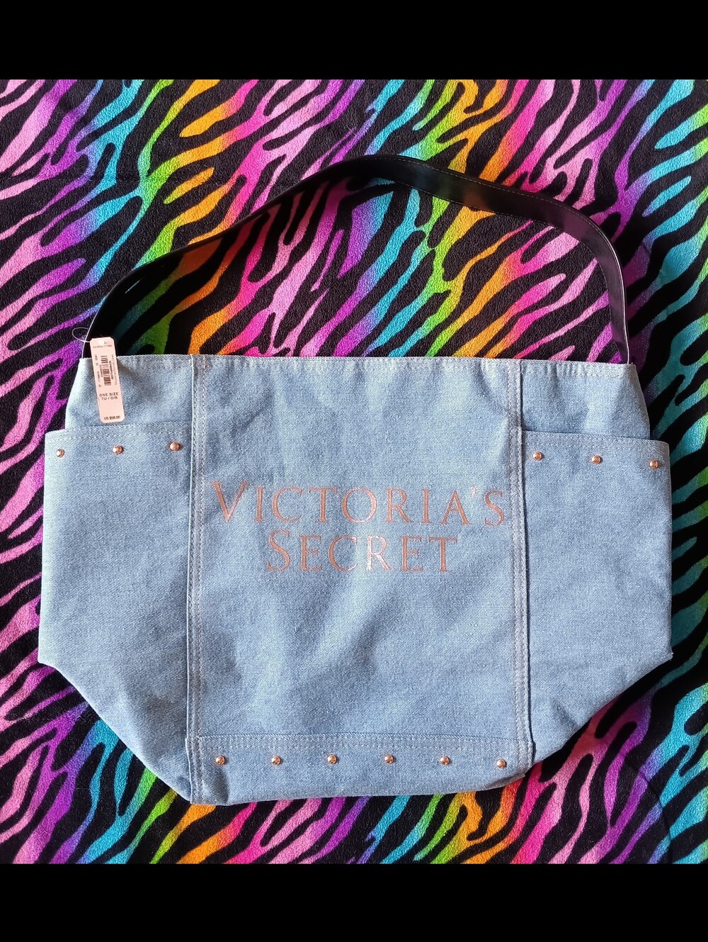 🖤 NWT Victoria's Secret Denim Tote Bag Rose Gold Studded Purse Canvas Studs